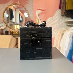 Black Croc-Embossed Box Bag with Beaded Handle